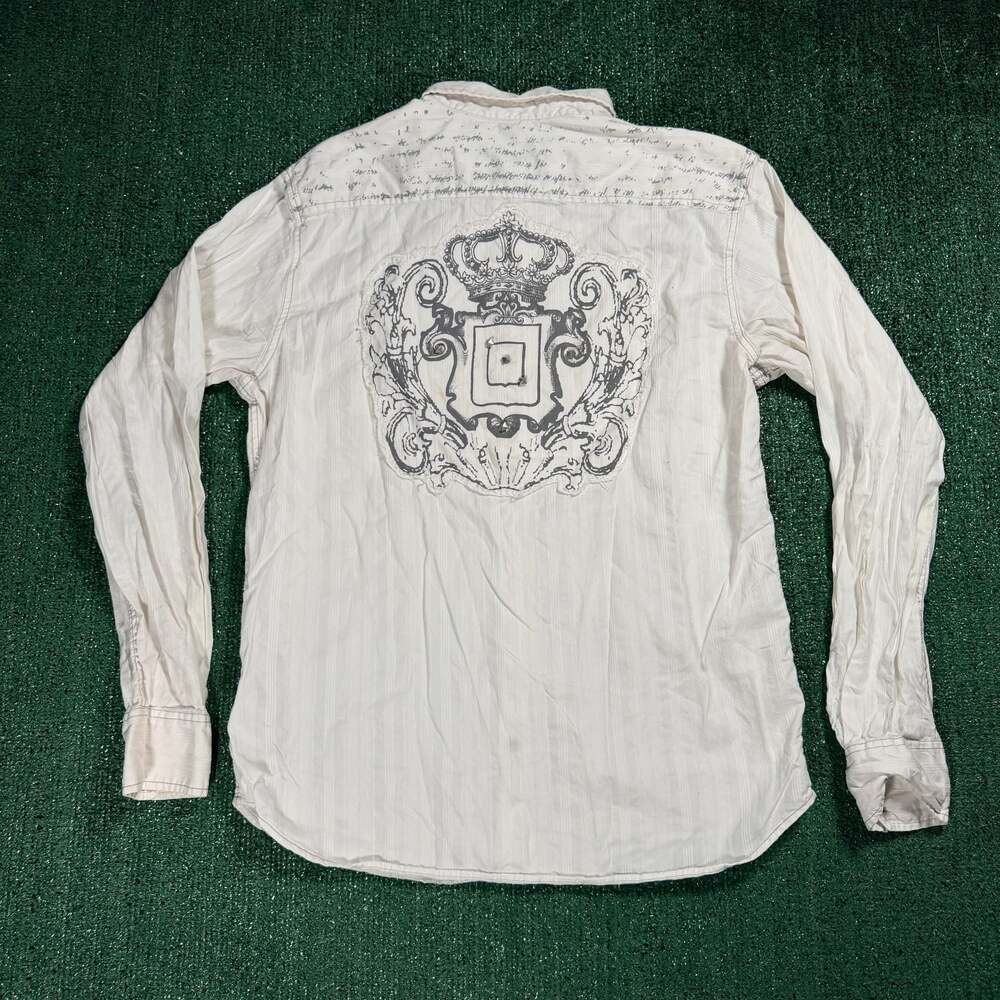 Y2K Womens Guess White Striped Button-Up Shirt Crest Embroidery XL